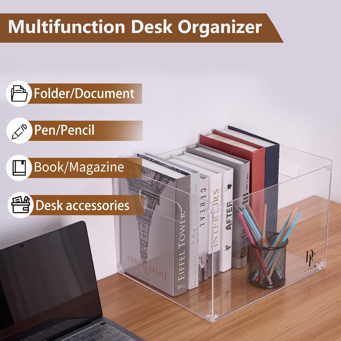 DF Acrylic File Holder with Handles - Acrylic File Organizer - Clear File Box for Letter Size/A4 Folder Holder - Desktop Hanging File Organizer (Without Partition)