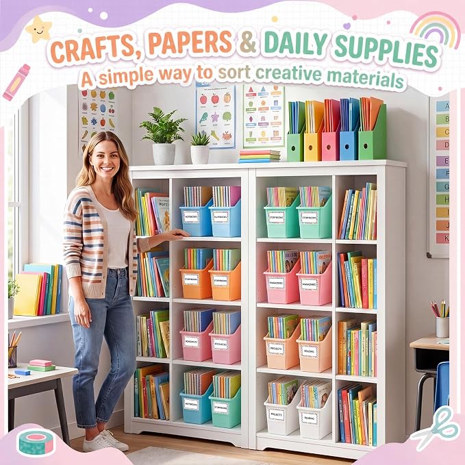 Blosssound 24 Set Book Bins for Classroom Stackable,Cloud Pastel | Plastic Baskets with Labels, Slanted Front, Library Supplies Organizers, Desktop Storage Bins, Teachers Home School Use