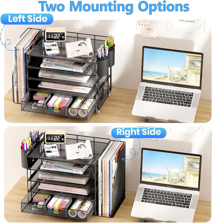 Desk Organizer, 5-Tier Desktop File Organizer with Drawer and Pen Holders, Office Desk Accessories, File Sorters, Workspace Organizers for Office Supplies(Black)