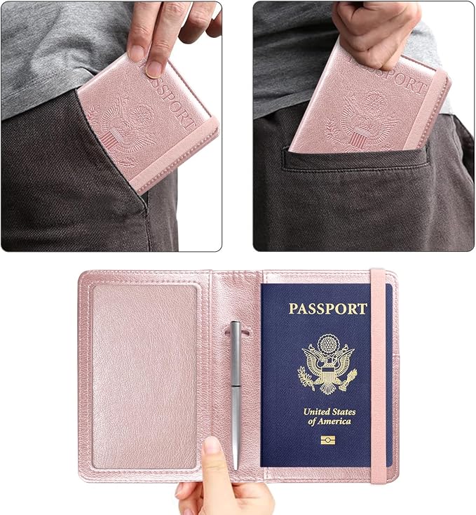 ACdream Passport and Vaccine Card Holder Combo, Cover Case with CDC Vaccination Card Slot, Leather Travel Documents Organizer Protector, with RFID Blocking, for Women and Men, AA-Rose Gold, Compact