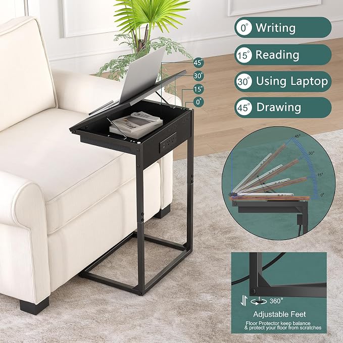 sthmec C Shaped End Table with Charging Station,45° Tiltable Adjustable Flip Top Side Table Set of 2,Small C Table Set 2 for Small Spaces,Slide Under Couch Sofa Bedside Table Living Room, Black