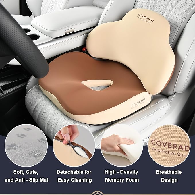 Coverado Seat Cushion and Lumbar Support Pillow for Car Office Chair, Ergonomic Memory Foam Desk Chair Cushion Back Support Pillow, Sciatica & Back & Tailbone Pain Relief Cushion-Beige