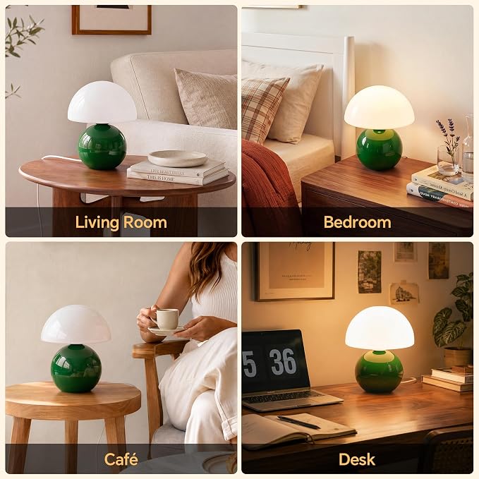 Mushroom Lamp Table Lamp for Bedroom-Small Table Lamps,Dark Green | 8.7" Mid Century Modern Table Lamps for Living Room Bedroom Decor,Cute Ceramic Lamps for Mushroom Home Room Decor,Glass Shade