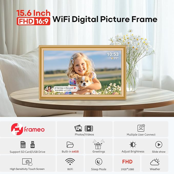 64GB 15.6" Frameo Digital Picture Frame WiFi, Large Electronic Photo Frames Golden 1920 x 1080 IPS FHD Touch Screen, Send Photos from Your Phone from Anywhere, Best Gifts for Family and Friends