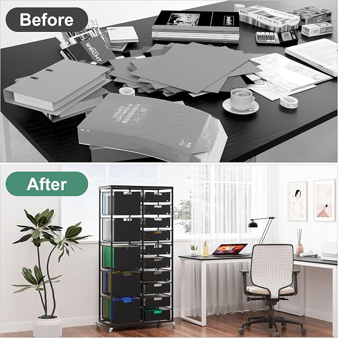 EasyPAG Rolling Storage Cart With 15 Drawers, Metal Craft Organizers with Wood Tabletop for Home, Letter/Legal Size Rolling File Cart for Office, Classroo and Dorm, Black