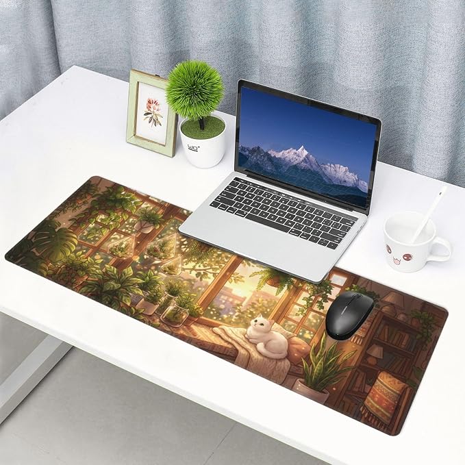 Kawai Cat Gaming Mouse Pad Large Extended Desk Mat Non-Slip Rubber Base Keyboard Pad with Stitched Edges for Office Gaming 31.5x11.8 in