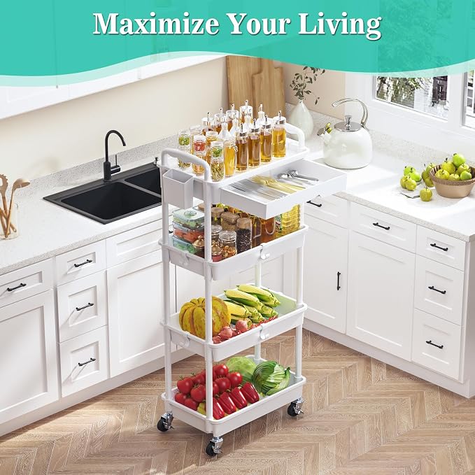 SUNALLY 4 Tier Rolling Cart with Drawer, Craft Storage Cart Organizer,White | Bathroom Storage Organizer with 2 Lockable Wheels, Rolling Utility Cart for Kitchen, Office, Baby, Makeup, Nail,Snack,Laundry