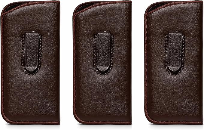 Calabria Slim Faux Leather Eyeglass Case Soft Slip-In Design [Brown - 3 Pack] | Compact Protective Pouch | Soft Case for Glasses | Lightweight Sunglass Storage