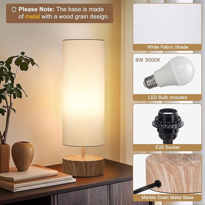 Touch Table Lamp with Wood Grain Metal Base, 3 Way Dimmable Bedside Lamp | Modern Nightstand Desk Lamp with White Shade, Simple Night Light for Bedroom Living Room Home Office, LED Bulb Included