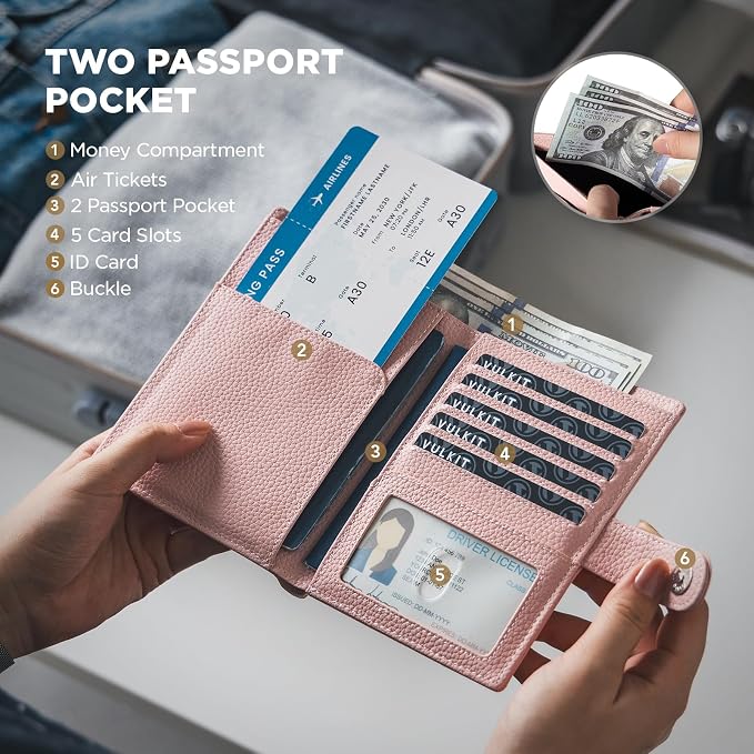 VULKIT Dual Passport Wallet for 2 Passports Airtag Holder RFID Blocking Travel Wallets