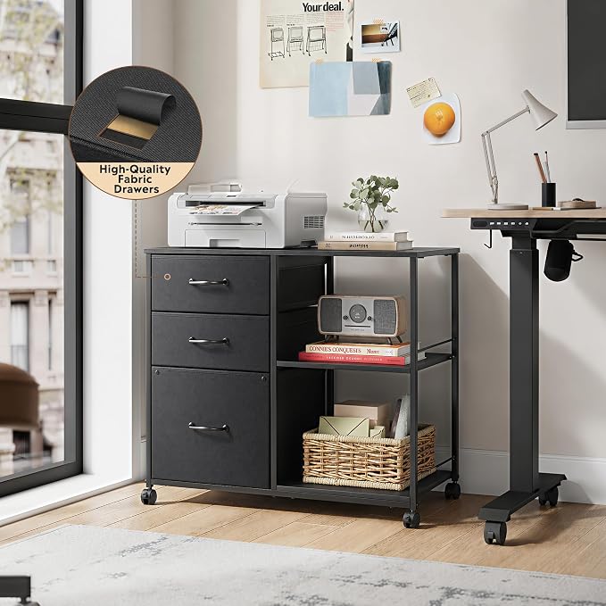DEVAISE 3 Drawer Mobile File Cabinet with Open Storage Shelf | Rolling Printer Stand, Fabric Lateral Filing Cabinet fits A4 or Letter Size for Home Office, Black