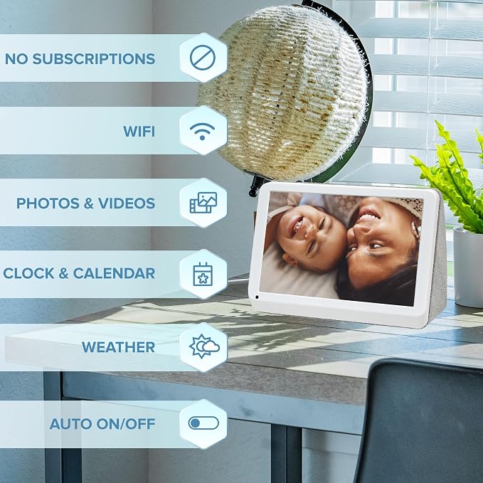 PhotoShare MyLuma LED 7” WiFi Digital Photo Frame with LEDs and Soft Touch Back Panel | Send Photo or Video from Phone to Digital Picture Frame | White Lightning Finish