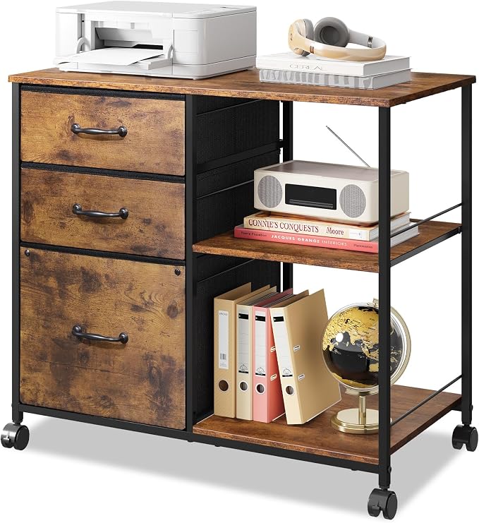 DEVAISE 3 Drawer Mobile File Cabinet with Open Storage Shelf | Rolling Printer Stand, Fabric Lateral Filing Cabinet fits A4 or Letter Size for Home Office, Rustic Brown Wood Grain Print