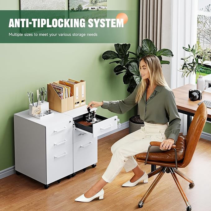 3 Drawer Mobile File Cabinet with Lock,Under Desk Metal Filing Cabinets for Home Office Organizer,Small Rolling Printer Stand with Wheels,for Letters/Legal/A4(Assembly Required) (White)