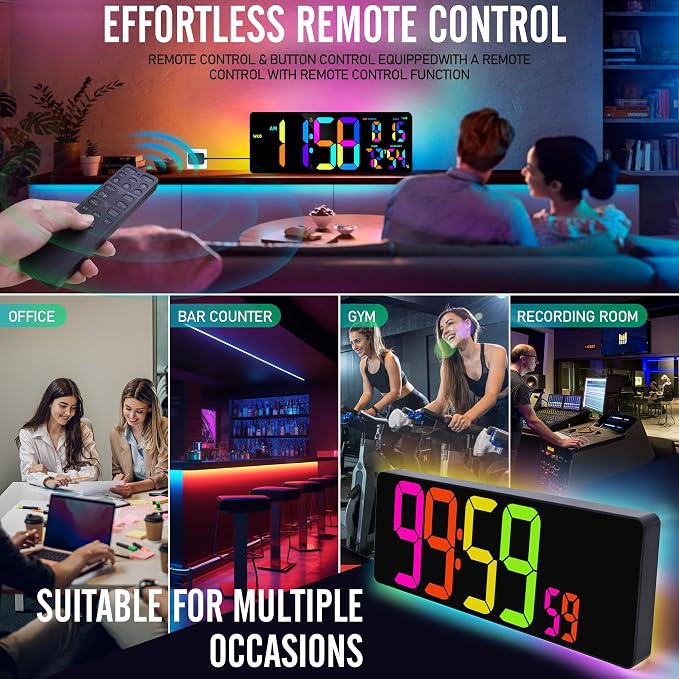 TXL 17.2'' Bluetooth Large Digital Wall Clock, LED Large Display Timer with RGB Ambient Lights,Temperature/Humidity, Remote Control, Adjustable Brightness for Home, Office, Classroom
