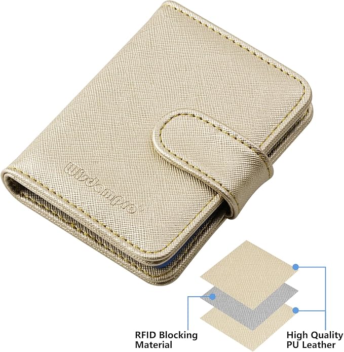 Wisdompro Credit Card Holder, RFID Blocking Wallet Debit Card Protector | Slim Leather Credit Card Organizer Case, Card Case with Magnetic Closure, 20 Card & 7 Memory Card Slots - Vertical Gold