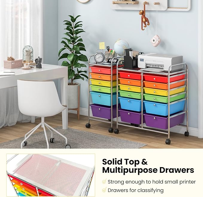 BECOMFORT 12-Drawer Rolling Cart with Drawers, Storage Cart on Wheels, Teacher Classroom Organizers with Metal Frame, Mobile Craft Cart, Trolley Utility Cart for School Office Play Room
