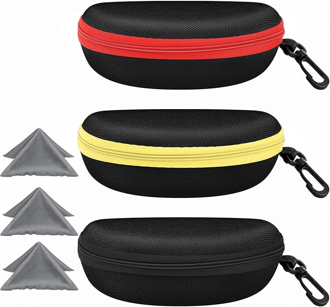 ZONLY 3 Pack Sunglasses Case Portable Travel Zipper Eyeglasses Case Hook With Cleaning Cloth
