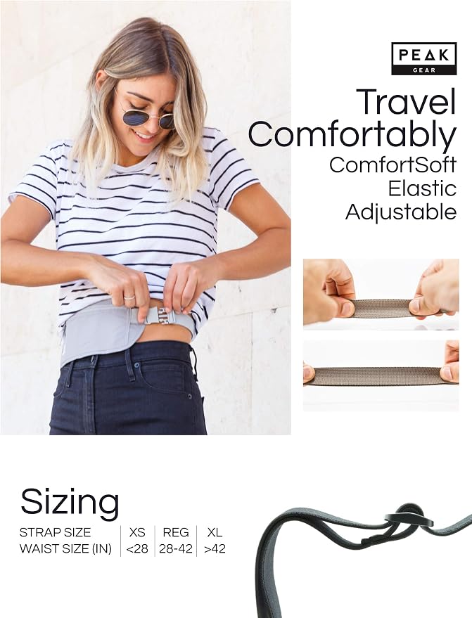 Peak Gear Travel Money Belt. Premium Quality Travel Wallet with RFID Blocking Fabric to Protect Credit Cards, Passports and Documents. Exclusive Theft Protection and 2 Recovery Tags | Gray
