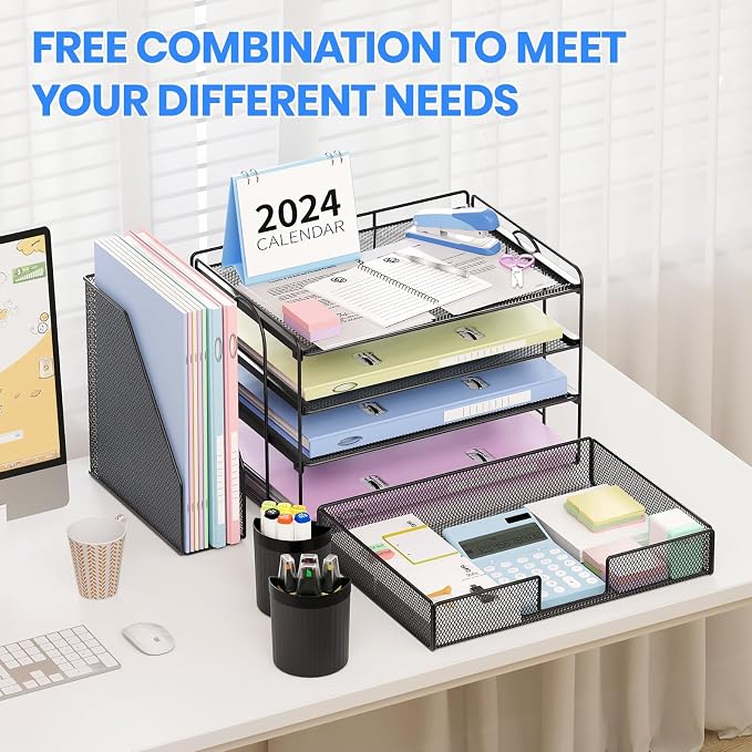 Desk Organizer, 4-Tier Desktop File Organizer with Drawer and Pen Holders, Office Desk Accessories, File Sorters, Workspace Organizers for Office Supplies(Black 2-Pack)