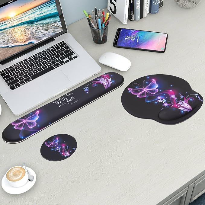 Mouse Pad and Keyboard Wrist Rest Support,Ergonomic Mouse Pad Set | Mousepad With Coaster and Non-Slip PU Base,Pain Relief for Desk Desktop Gaming, Computer,Office -Beach