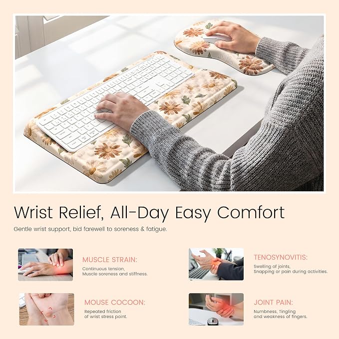 Ospelelf Keyboard Wrist Rest and Mouse Pad Set, Ergonomic Memory Foam Wrist Support, Aesthetic Desk Accessories for Office, Home & Gaming, Relief for Carpal Tunnel & Wrist Pain, Daisy