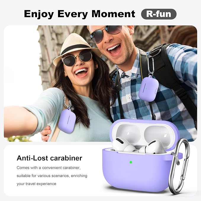 R-fun for AirPods Pro 2 Case, Soft Silicone Protective Cover with Keychain and Cleaning Pen, Compatible with AirPods Pro 2nd/1st Generation, Supports Wireless Charging, Lilac