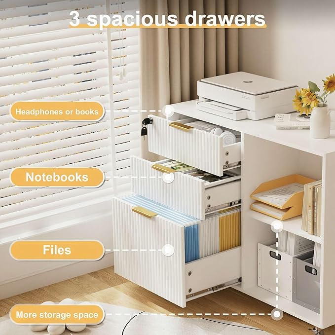 3 Drawer Fluted Mobile Filing Cabinet with Lock, Lateral Rolling Under Desk File Cabinet, Wooden Printer Stand Table for Home Office Essentials Storage Organization Furniture Letters/A4(White)