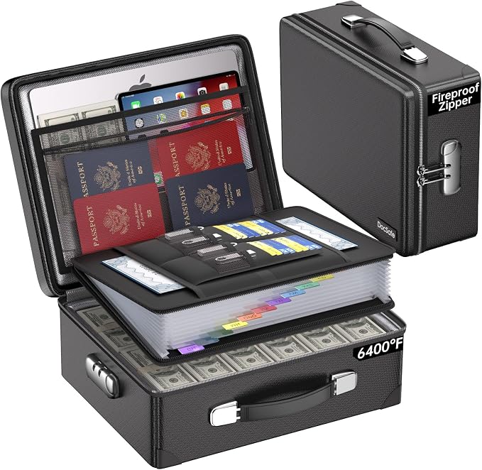 DocSafe 6400°F Fireproof Document Box with Lock, 10 Layers Heat Insulated | Fire&Water Resistant,Hard Case Safe Box with Zipper＆Multi Pockets, Protects Personal Items,Documents,Laptop,Passport,Black