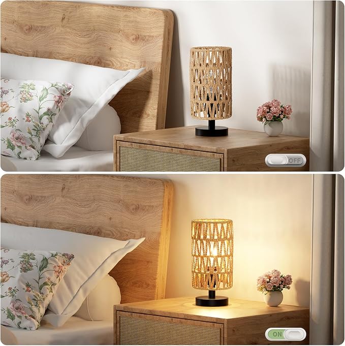 Table Lamps (Rattan Rope Shade - Black Base, 9" Inline Control) | 3000K LED Blub Included | 680 Lumens | Easy Assembly | Minimalist Design | E26 | for Kitchen | for Kids Room