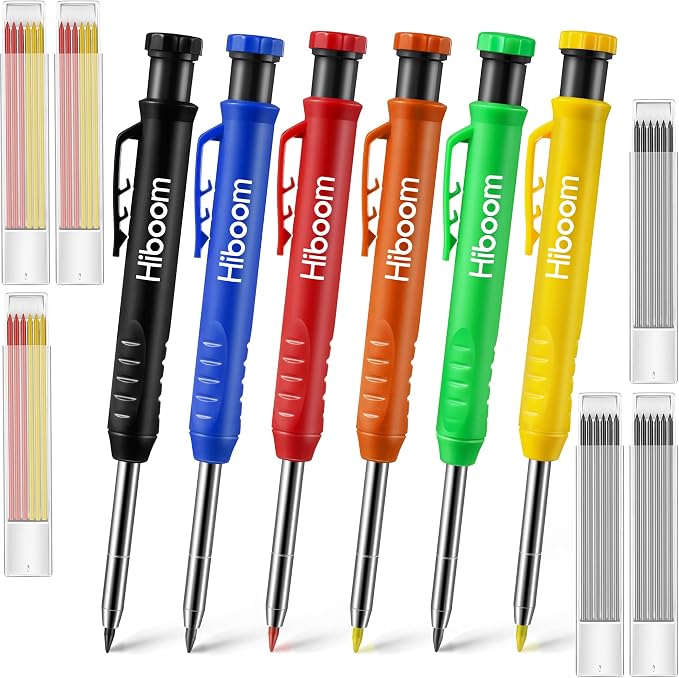 Hiboom 6 Pack Carpenter Pencil with Sharpener, Long Nosed Deep Hole Tip Mechanical Hole Marker with 36 Pcs 2.8 mm Refills for Woodworking Drafting Architect Construction, Design Patent