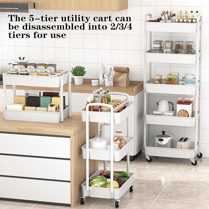 Sywhitta 5-Tier Plastic Rolling Utility Cart with Wheels for Storage,White | Multi-Functional Storage Trolley, for Office, Living Room, Kitchen, Bathroom,Movable Organizer,Space-Saving,Easy to assemble