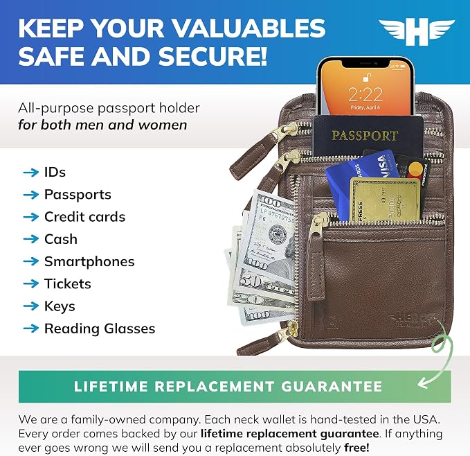 HERO Neck Wallet - RFID Blocking Passport Holder, Easy to Conceal Travel Pouch (Vegan Leather Brown)