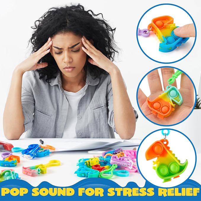 JOYIN Dinosaour Pop Fidget Keychain 30 Pack Pop Fidget Toys Bulk Party Favors for Kids, Goodie Bags Stuffers End of Year Back to Student Gifts Classroom Prizes Birthday Sensory Toys