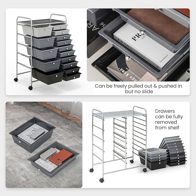 BECOMFORT 15-Drawer Rolling Cart with Drawers, Storage Cart on Wheels, Teacher Classroom Organizers with Metal Frame, Mobile Craft Cart for Tools, Trolley Utility Cart for School Office Play Room