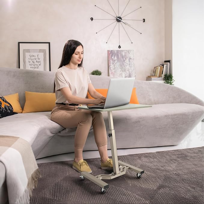 SHW Mobile Height Adjustable Laptop Rolling Cart w/Lockable Wheels, Maple | Height Adjustable from 28" to 33"