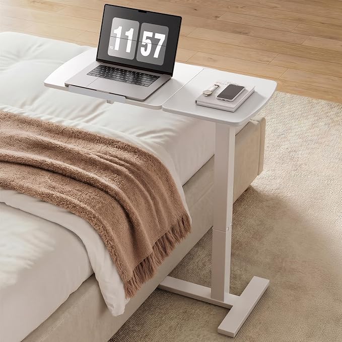Sakugi Overbed Bedside Table with Wheels, Right-Side Tilt Top, Laptop Desk | Home & Office, Hospital Bed Table, Rolling Bed Tray, Height Adjustable, White,12.9" D × 27.6" W × 29.1"–39" H
