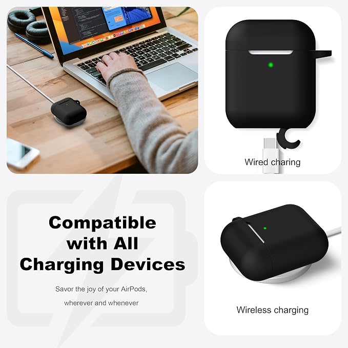 R-fun for AirPods 1/2 Case, Soft Silicone Protective Cover with Keychain and Cleaning Pen, Compatible with AirPods 2nd/1st Generation (2016/2019), Full Drop Protection Cover, Black