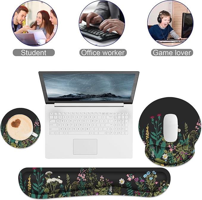 Ergonomic Mouse Pad with Wrist Rest and Keyboard Wrist Rest, Mousepad | Memory Foam Wrist Rest for Computer Keyboard, Pain Relief, Non-Slip Base, Black Mouse Pad Wrist Support for Gaming, Flower