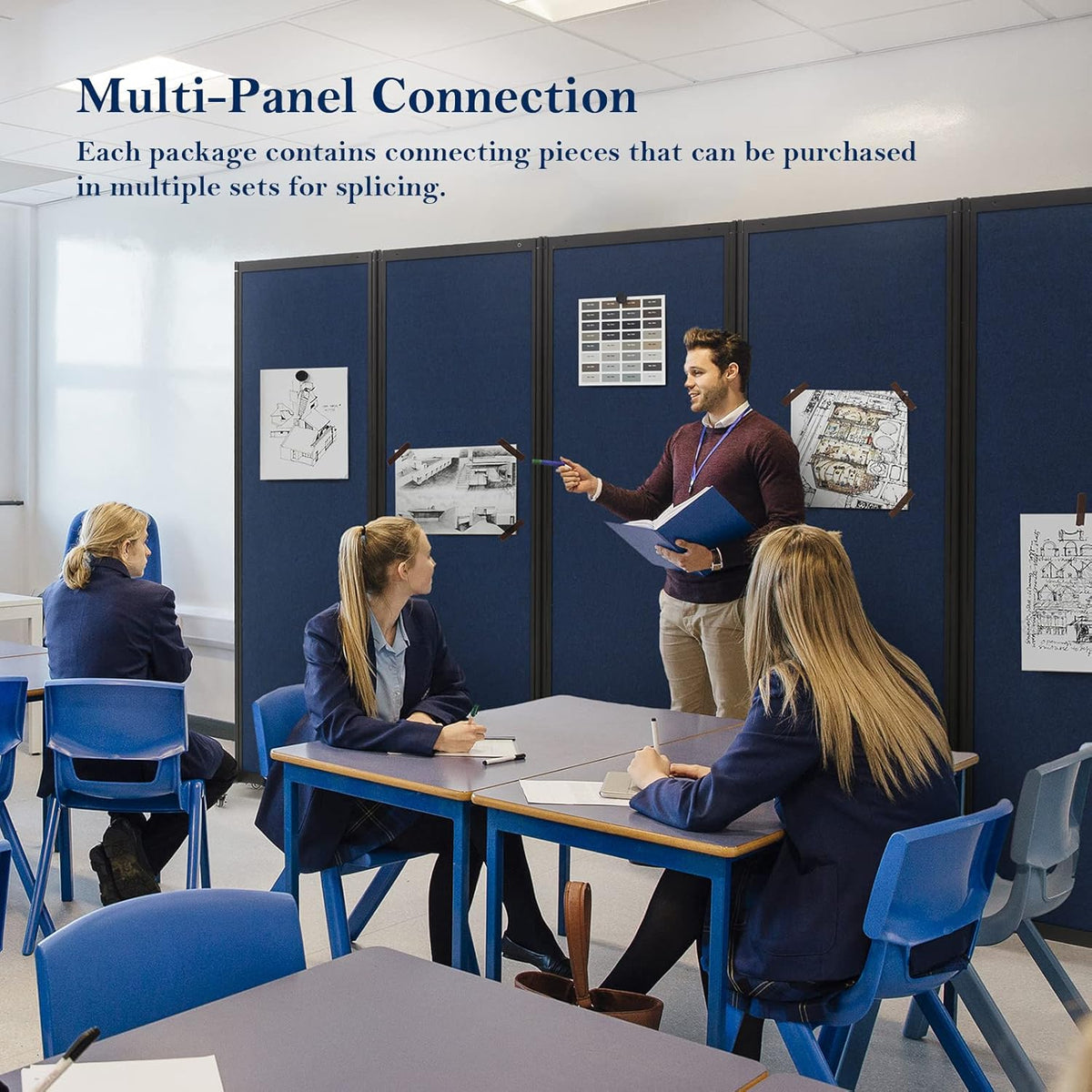 Room Partition,Office Divider,Portable Commercial Screen Dividers,Privacy Partition Separator,Classroom School Dividers, 10'6"L* 6'7"H,5 Panel,Blue