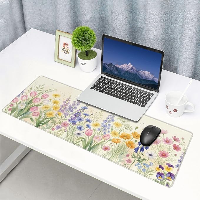 Watercolor Flowers Gaming Mouse Pad Extended Desk Mat 31.5x11.8in | Gaming Mousepad, Non-Slip Rubber Base, Large Keyboard Pad with Stitched Edges, Desktop Protector, for Office Home