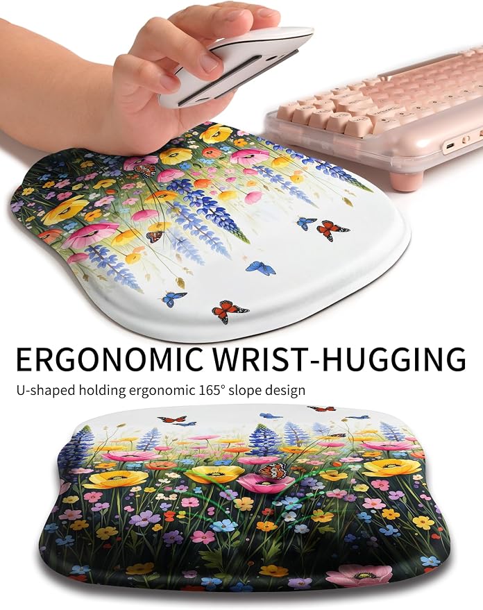 Hokafenle Ergonomic Wrist-Hugging Mouse Pad Wrist Support, U-Shaped Holding Wrist Rest Mousepad for Carpal Tunnel Pain Relief with Cushioned Memory Foam Slope Massage Bulge (10.2x8.3 in,Flowers)