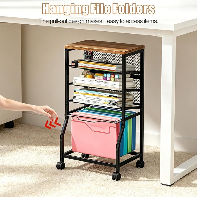 INGIORDAR 5 Tier Rolling File Cart Sliding Hanging Folder Storage Wheels | Under Desk Storage Organizer On Lockable Wheels Mesh Sliding Trays Multifunctional Clutter Cart for Office School Home