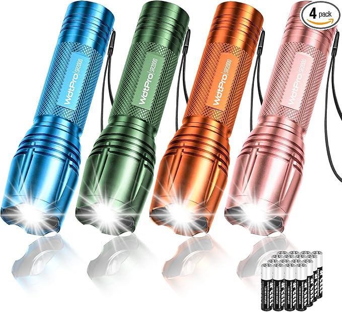 WdtPro LED Flashlight High Lumens SR2000 Pro, 4 Pack Brighter Tactical Flashlights with 5 Modes & Zoomable, Powerful Mini Flash Light for Emergency, Camping, Hiking (Colorful)