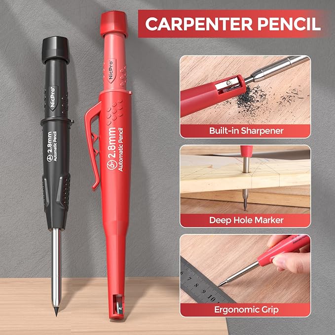 Nicpro 24PCS CP3000 Mechanical Carpenter Pencil Set with Sharpener & Sheath | 76 Refills, 3PCS Long Nib Marker, Center Punch, Carbide Scribe Tool, Heavy Duty Construction Pencil for Architect Woodworking