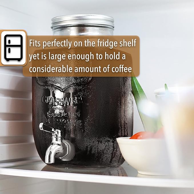 BTaT- 1 Gallon Cold Brew Coffee Maker, Thick Glass Pitcher with Stainless Steel Filter, Lid & Spigot, Iced Coffee & Sun Tea Brewer, Large Mason Jar Cold Brew Container, Fast Iced Tea Maker for Fridge