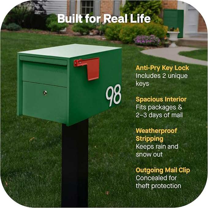 Adoorn Lockable Post Mount Mailboxes for Outside - Small Anti-Theft Locking Mailbox for Packages and Letters - Weatherproof Construction - Durable Steel - 12" H x 12" W x 18.5" D - Forest Green