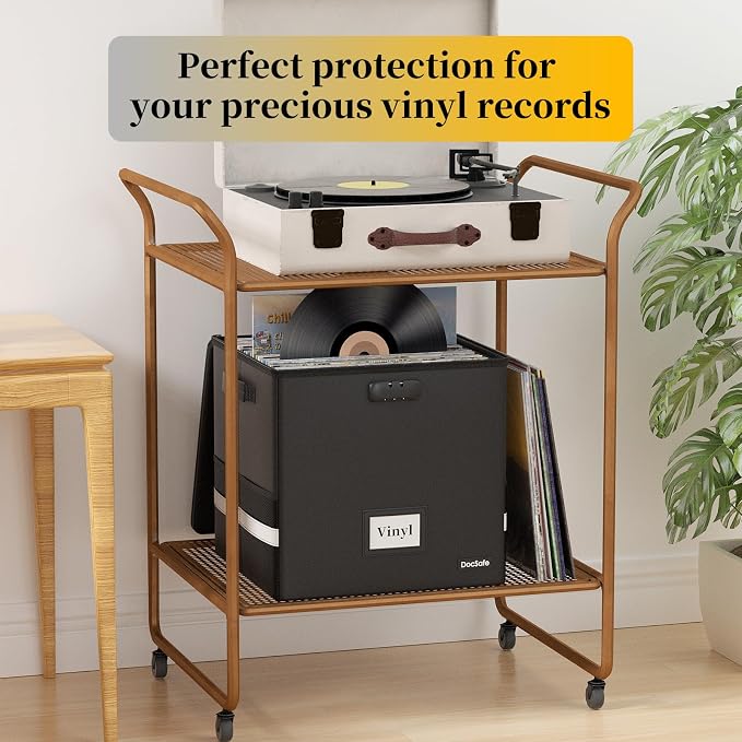 DocSafe Vinyl Record Storage Box with Lock,Fireproof Record Organizer Storage for 100+ Single Records(12-inch), Collapsible Storage Crate with Lid & Handles for Valuable Album Collection,Black,2 Pack