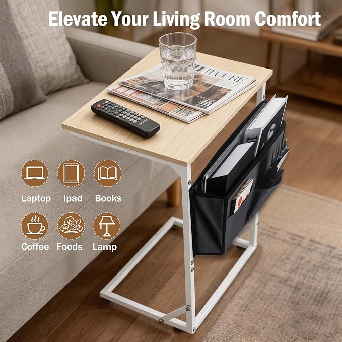 C Shaped End Table for Couch, Small Side Table for Living Room & Bedroom, Slide Under Sofa Table for Laptop, Coffee, Snacks, Easy Assembly, Modern Design