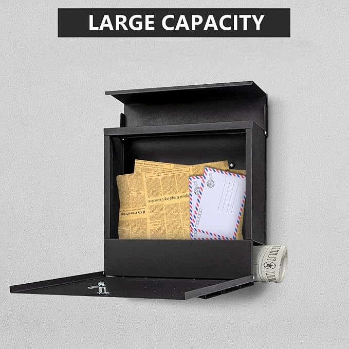 Wall-Mount Mailbox with Lock and Keys, Locked Drop Box for House Outside, Security Steel Metal Mail Box with Newspaper Compartment, 14.57 x 14.57 x 4.33 Inch, Black, MD025 X-Large